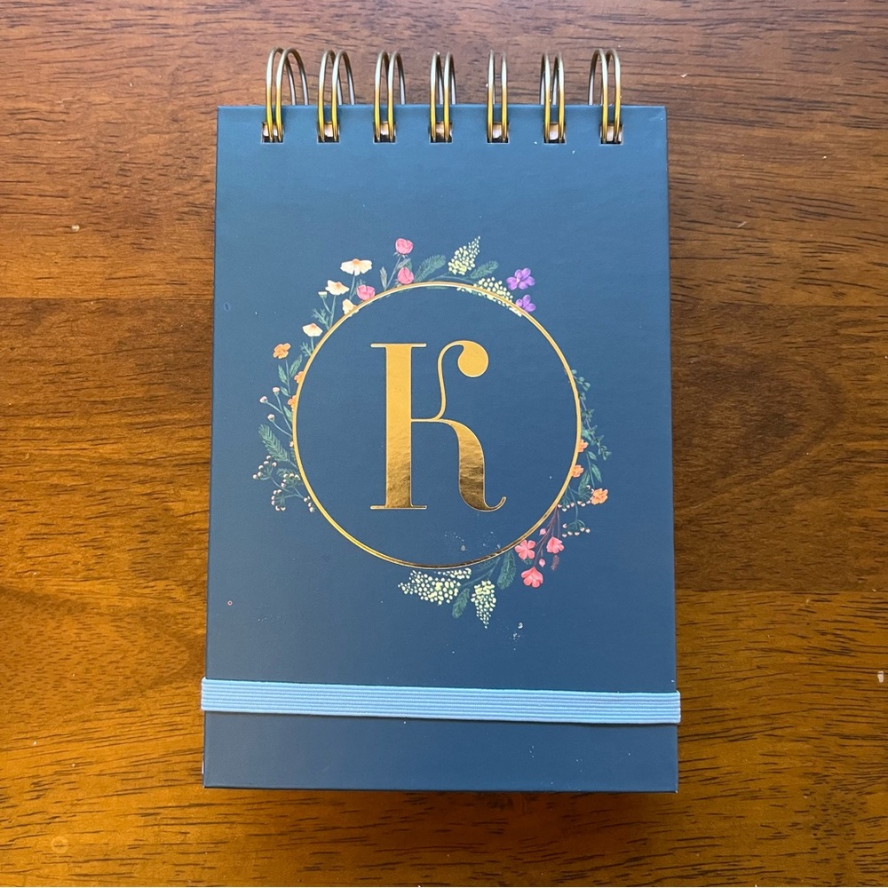 NEW! "K" Monogram Blue Floral Vertical Spiral Lined Notebook w/ Elastic Closure